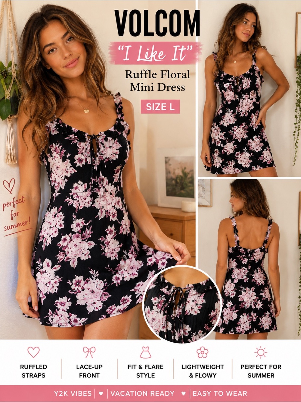 Volcom | L | I Like it | Ruffle Black Mini Dress | Pink Floral Print | 🌺